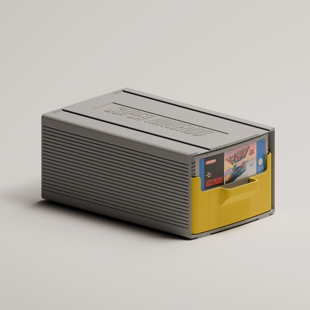 Super Famicom cartridge case with drawer open