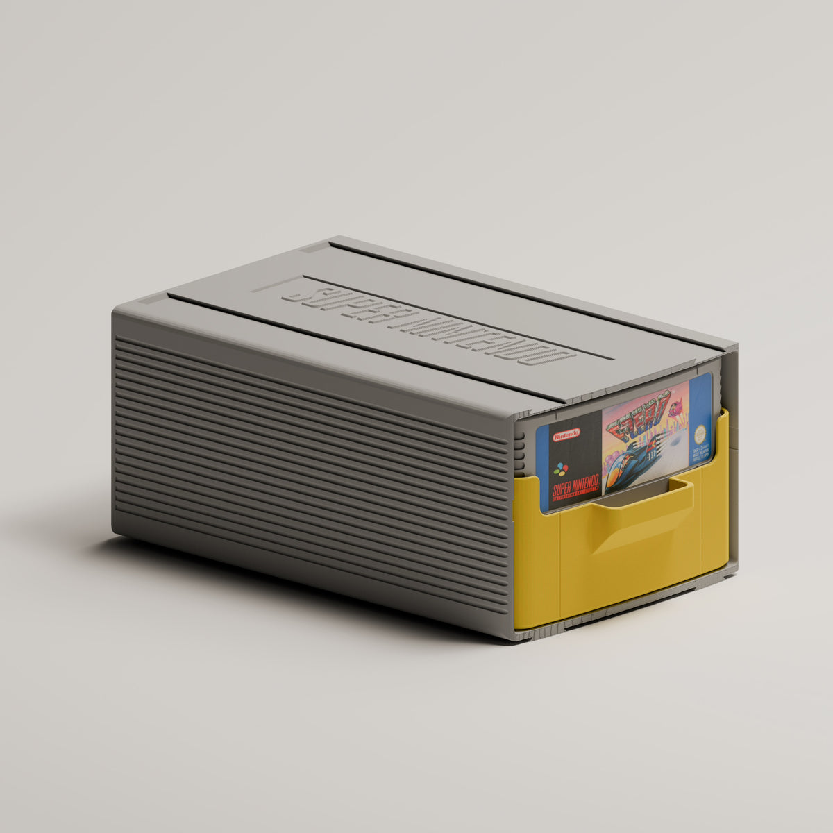Super Famicom cartridge case with drawer open