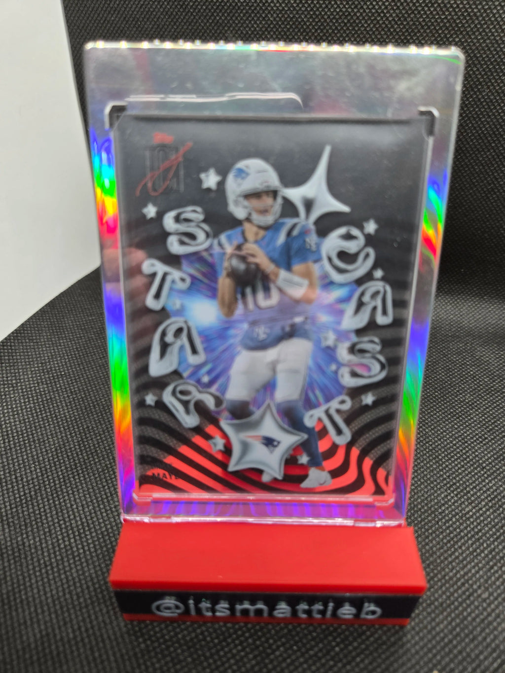 Trading card stand with nameplate angle view