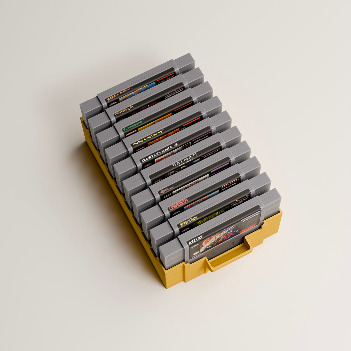 Super Nintendo storage case holding 10 cartridges