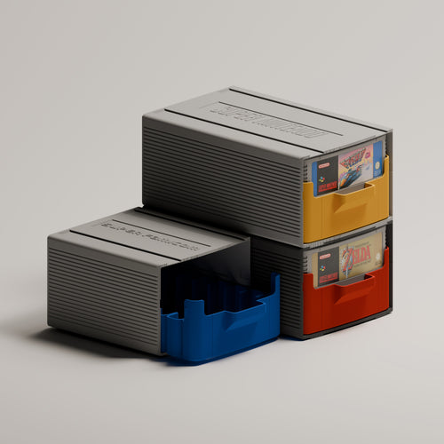 SNES PAL stackable cartridge organizer with locking drawer