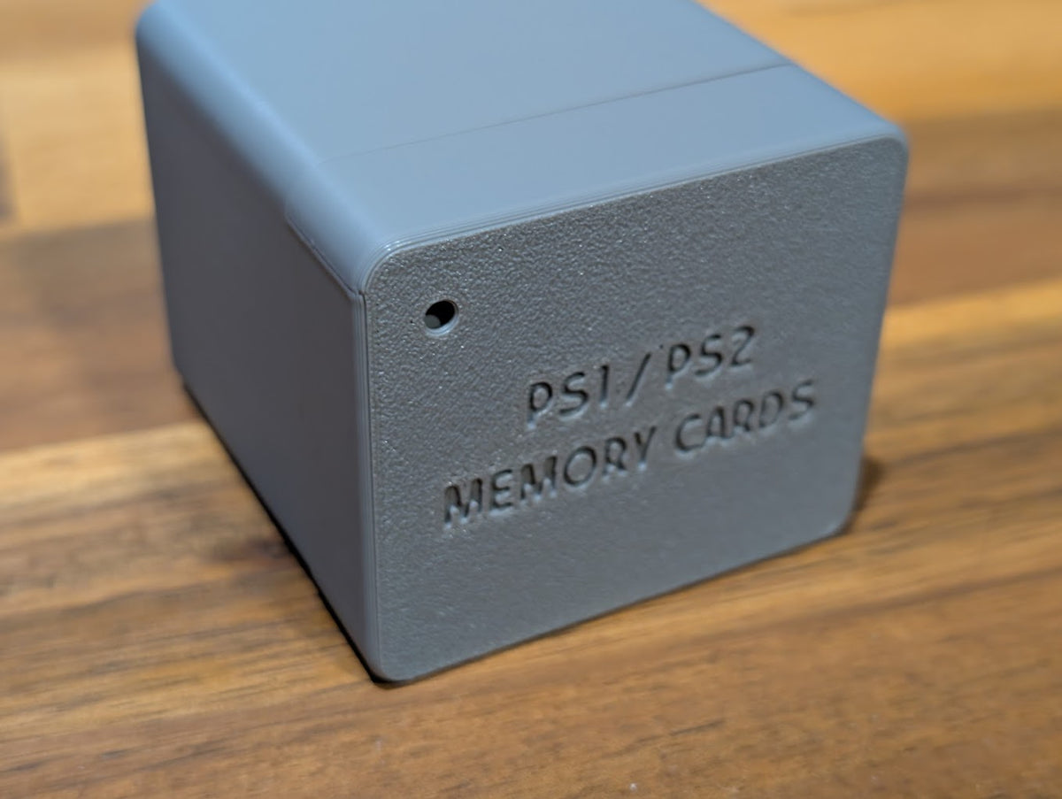 Gray memory card case with PS1/PS2 memory cards lettering